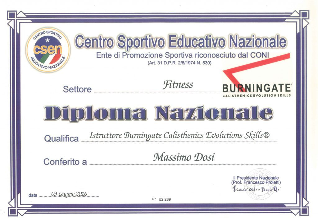 Diploma Nazione di Istruttore Burningate Calisthenics Evolution Skills